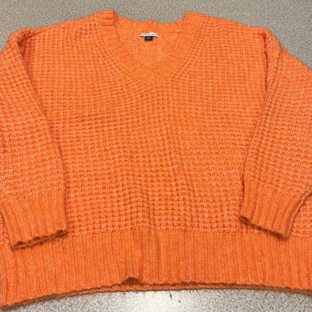 American Eagle Orange Oversized Waffle Knit V-Neck Sweater - Size L